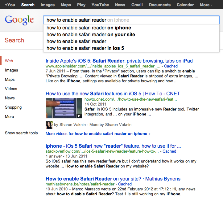 Google搜索截图:如何激活阅读模式